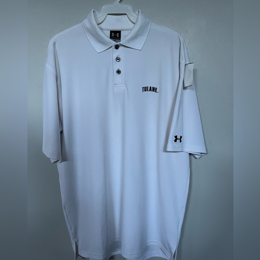 🔥VINTAGE Under Armour UA Men's Polo Shirt COLOR WHITE "TULANE" SIZE MEDIUM